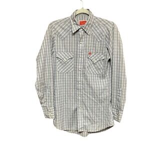 Ely Plains Western Shirt Mens 14.5 x 33 Blue White Plaid Pearl Snap Long Sleeve